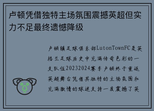 卢顿凭借独特主场氛围震撼英超但实力不足最终遗憾降级